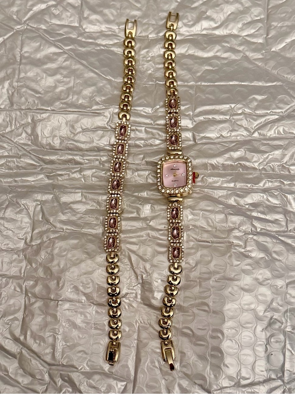 Gold-tone Pink Crystal Bracelet and Watch Set